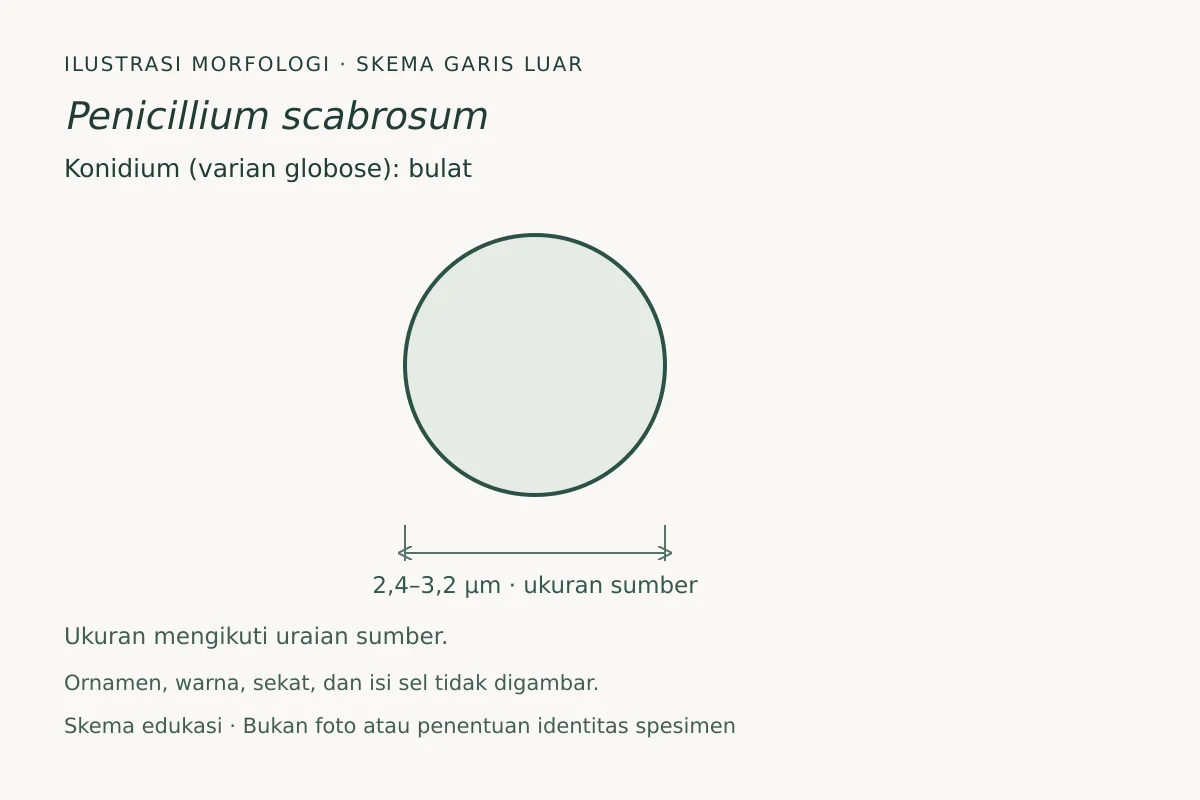 Skema garis luar konidium (varian globose) Penicillium scabrosum: bulat, ukuran 2,4–3,2 µm