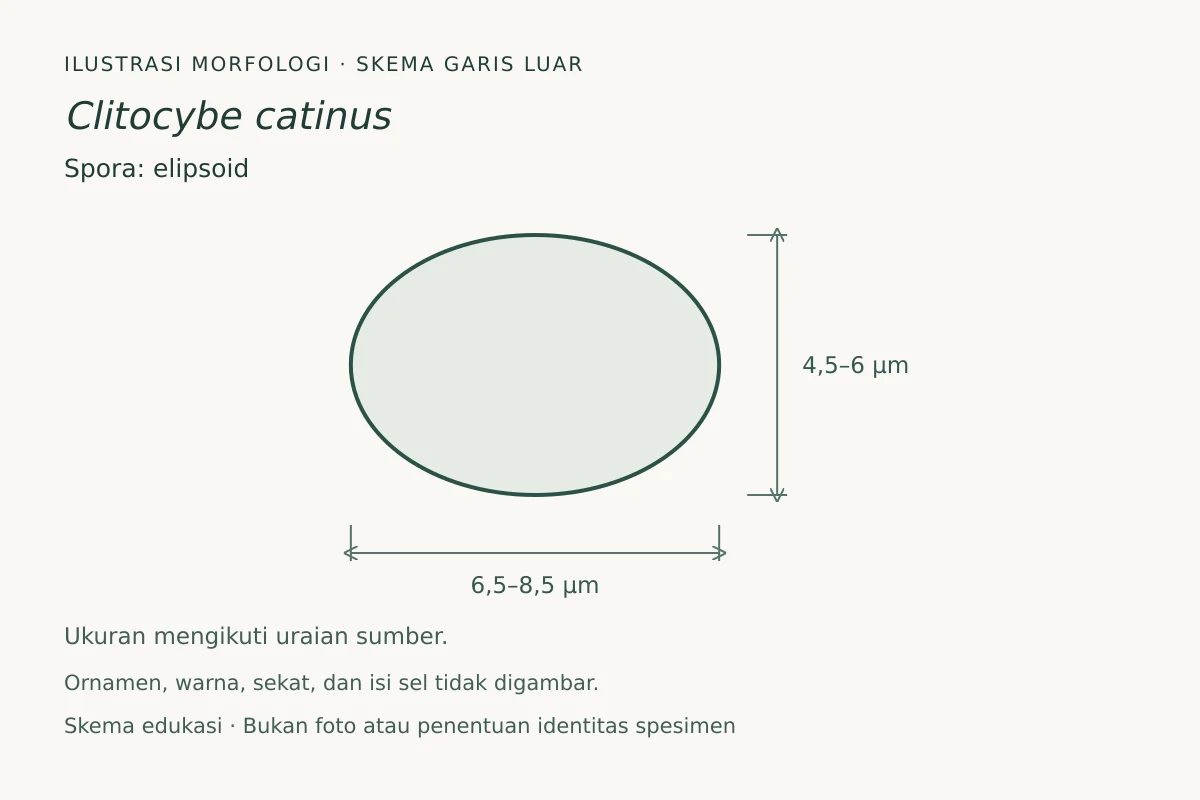 Skema garis luar spora Clitocybe catinus: elipsoid, ukuran 6,5–8,5 × 4,5–6 µm