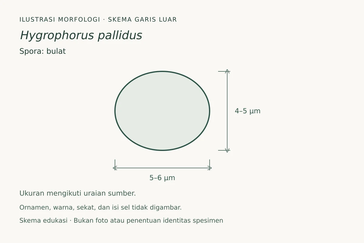 Skema garis luar spora Hygrophorus pallidus: bulat, ukuran 5–6 × 4–5 µm