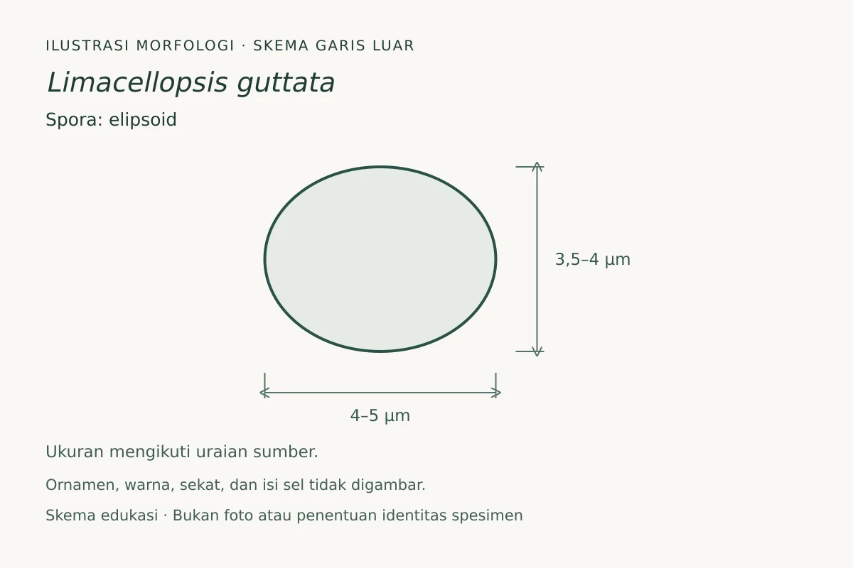 Skema garis luar spora Limacellopsis guttata: elipsoid, ukuran 4–5 × 3,5–4 µm