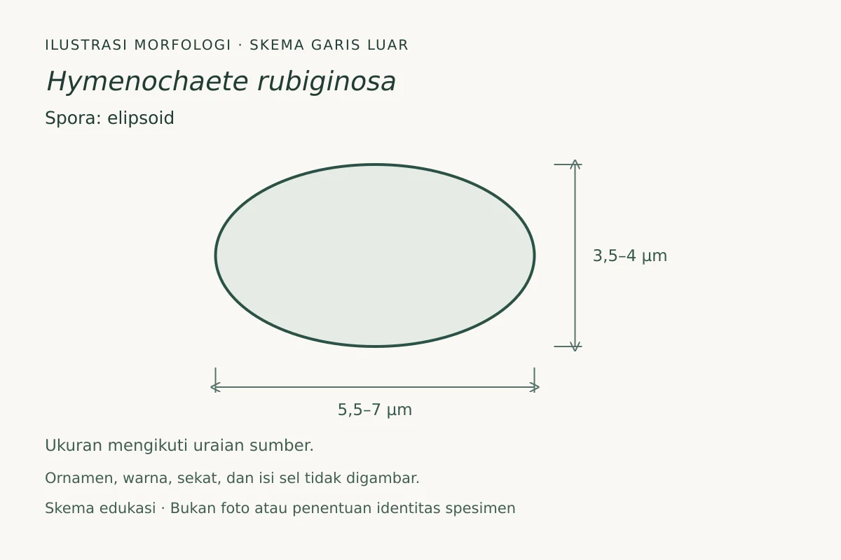 Skema garis luar spora Hymenochaete rubiginosa: elipsoid, ukuran 5,5–7 × 3,5–4 µm